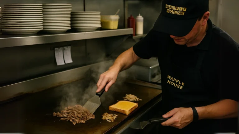 Cooking Cheesesteak Melt on Waffle House Grill