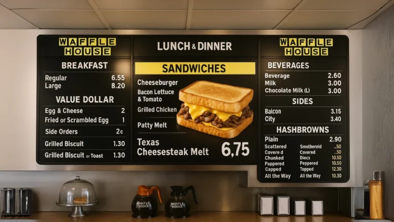 Waffle House Menu Board Featuring Waffle House Cheesesteak bowl