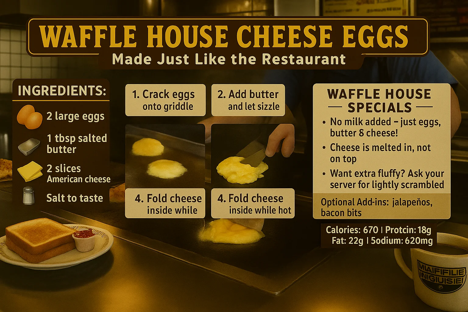 A serving of cheese N' eggs from Waffle House, featuring fluffy scrambled eggs topped with melted cheese on a white plate