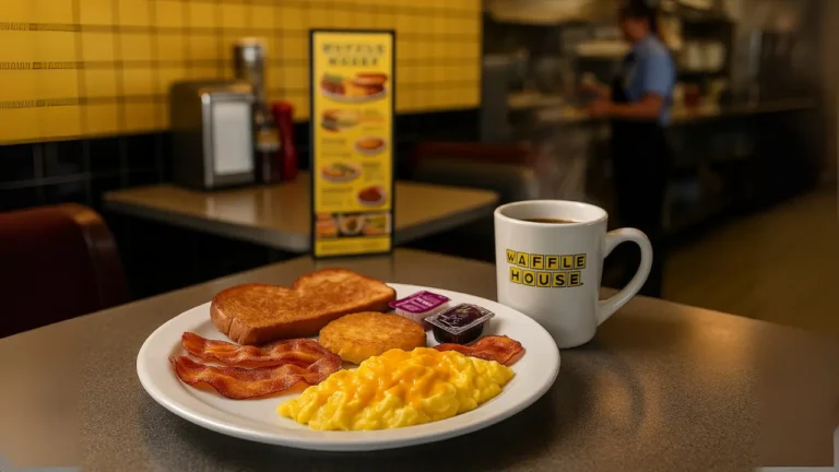 A waffle house cheese N' eggs breakfast plate featuring cheese eggs, crispy bacon, toast, and a cup of coffee, evoking a Waffle House experience.