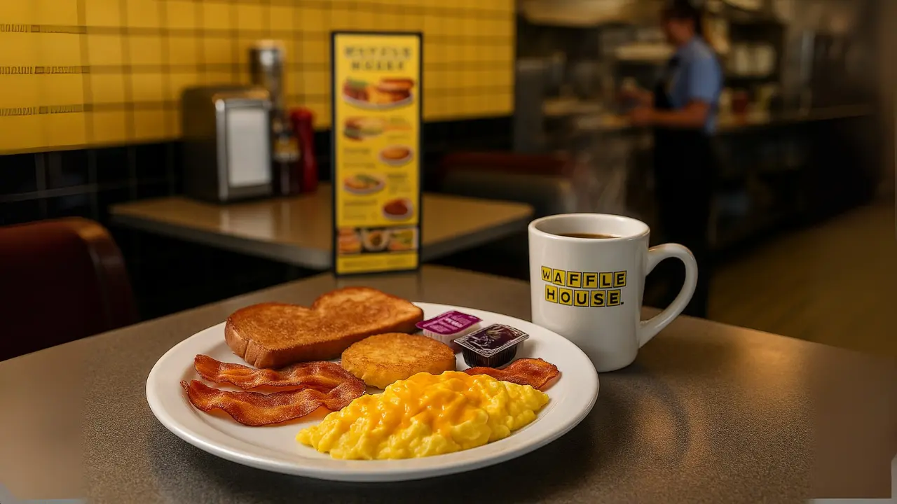 A waffle house cheese N' eggs breakfast plate featuring cheese eggs, crispy bacon, toast, and a cup of coffee, evoking a Waffle House experience.