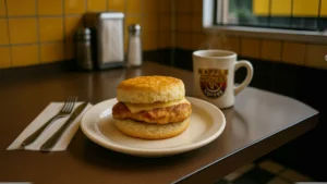 A freshly made chicken biscuit on a plate, filled with ham, cheese, and vegetables, accompanied by a small side of chips