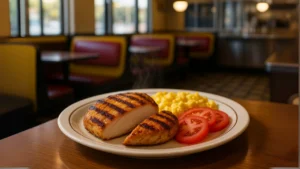 A dish containing waffle house grilled chicken and two eggs, highlighting a protein-rich meal on a white plate.