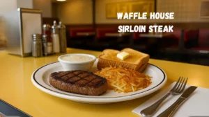 A waffle house sirloin steak beautifully presented plate of food sits on a table, featuring an assortment of vibrant ingredients and textures.