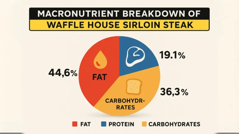 Macronutrient breakdown chart for Waffle House sirloin steak, detailing protein, fat, and carbohydrate content.