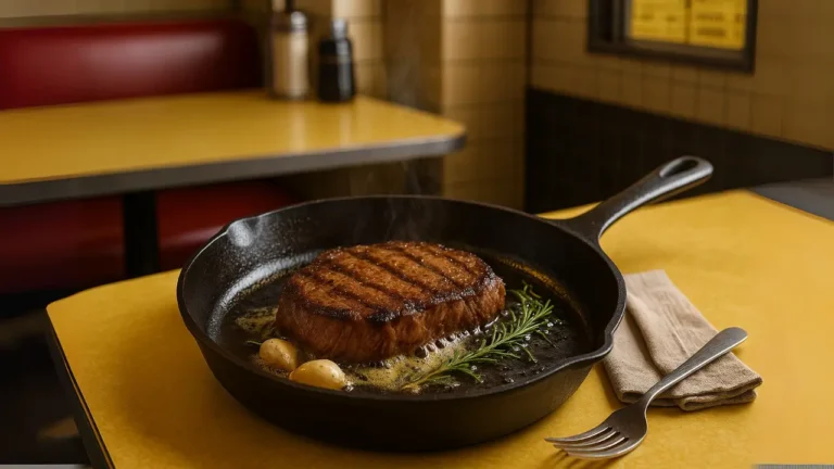 A juicy steak in a skillet on a table, accompanied by a fork and knife ready for dining.