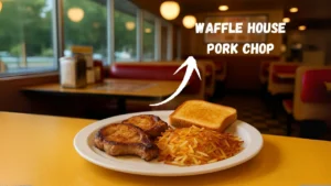 A waffle house pork chop plate of food is placed on a table with a visible sign that reads "Waffle House," highlighting the restaurant's identity.