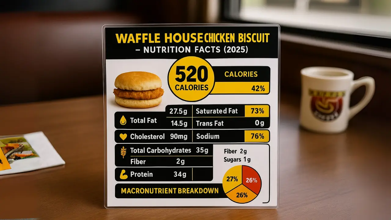 Waffle House nutrition facts chart displaying calories, fats, proteins, and other nutritional information for menu items chicken biscuit