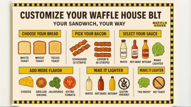 Instructional poster on customizing your Waffle House BLT, showcasing easy-to-follow steps and helpful visuals.