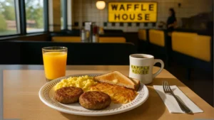 A delicious Waffle House breakfast showcasing sausage and chicken alongside fluffy waffles, ready to be enjoyed.