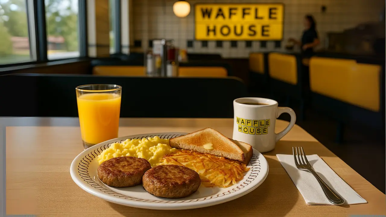 A delicious Waffle House breakfast showcasing sausage and chicken alongside fluffy waffles, ready to be enjoyed.