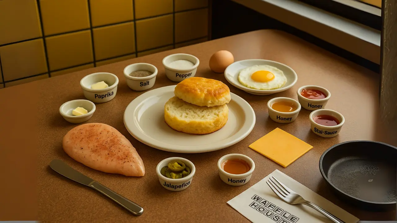 A table displaying a plate of food and utensils, prepared for dining of waffle house chicken biscuit