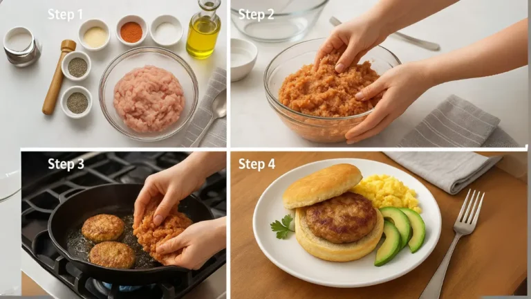 Four-step guide to making a sausage chicken hamburger, showcasing ingredients and cooking process.