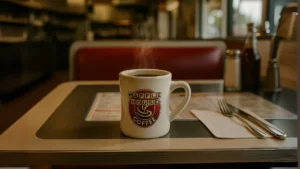 A waffle house coffee mug sits on a wooden table, casting a soft shadow in the morning light.