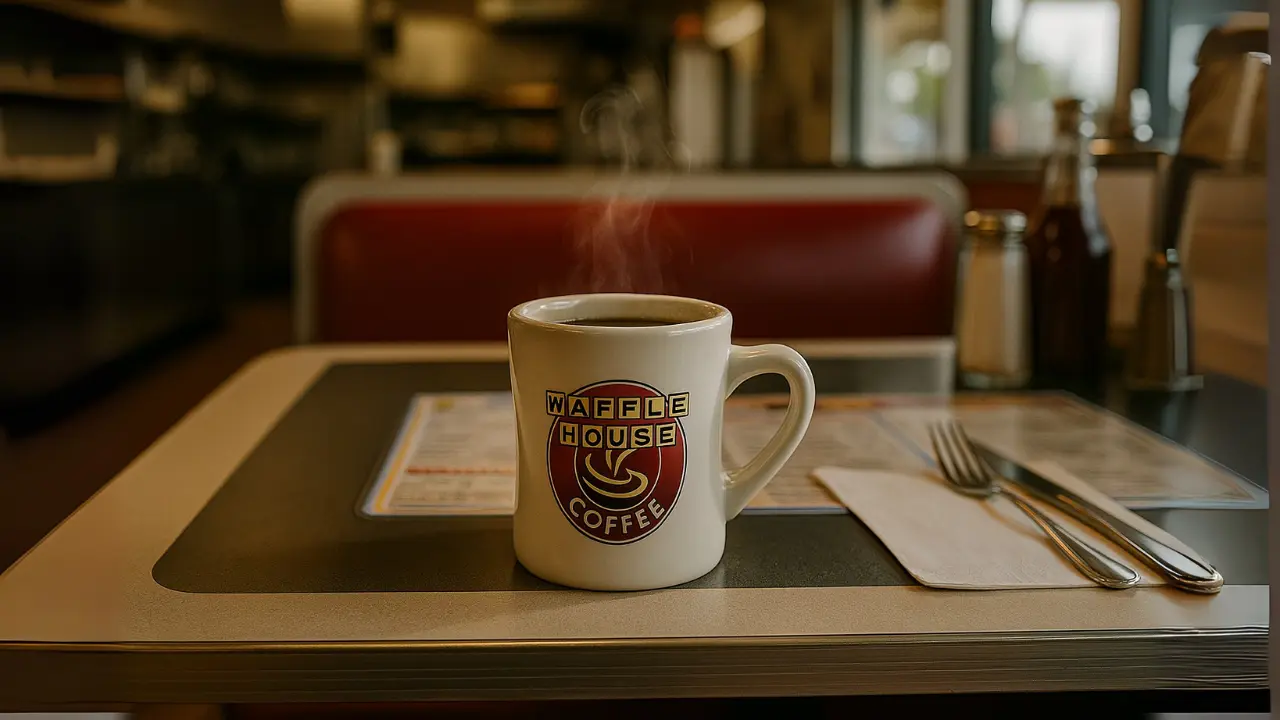 A waffle house coffee mug sits on a wooden table, casting a soft shadow in the morning light.
