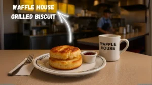 A Waffle House grilled biscuit, perfectly toasted, with a warm, flaky texture, presented on a simple white dish