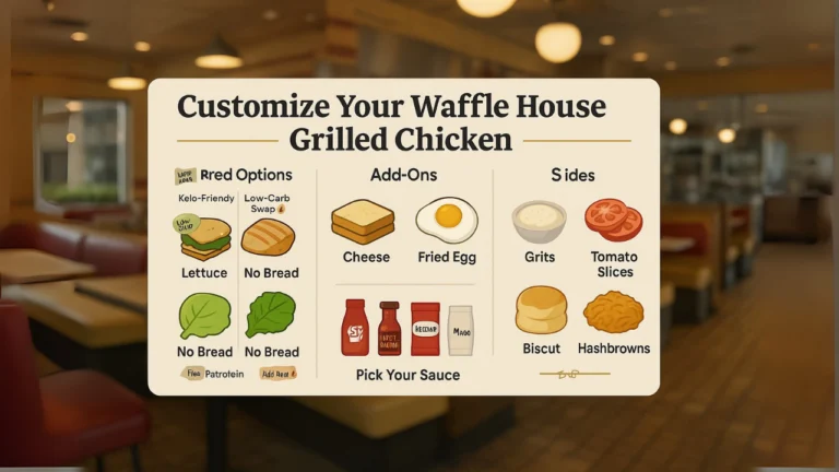 A restaurant menu featuring the option to customize grilled chicken at Waffle House.