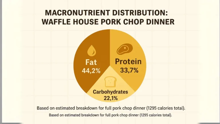 Waffle House pork chops dinner showcasing macronutrient distribution on a plate with sides and nutritional breakdown.
