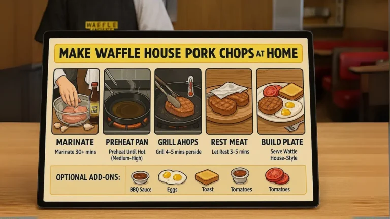 A menu board with a waffle house picture, showcasing a recipe for making waffle house pork chop instead of a pricing list