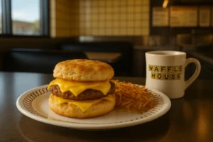 A hearty sausage biscuit and a hot cup of coffee are displayed on a table, ready to be enjoyed.