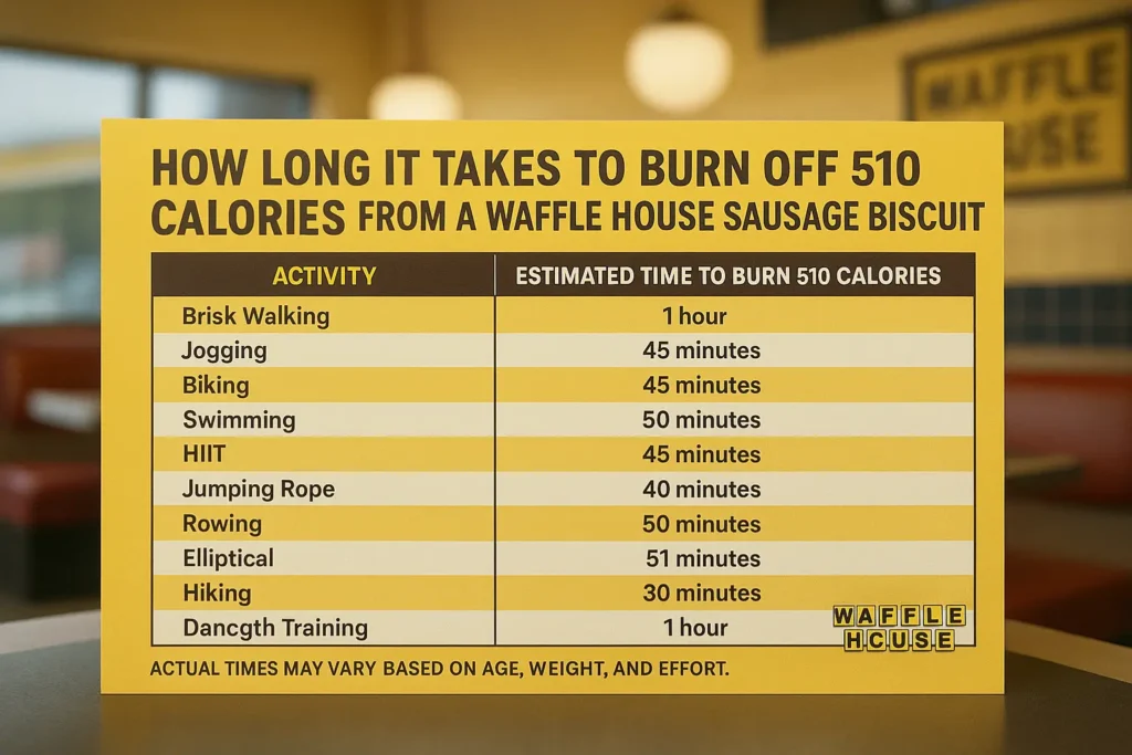 A sign indicating the time required to burn off 510 calories from a Waffle House sausage biscuit.