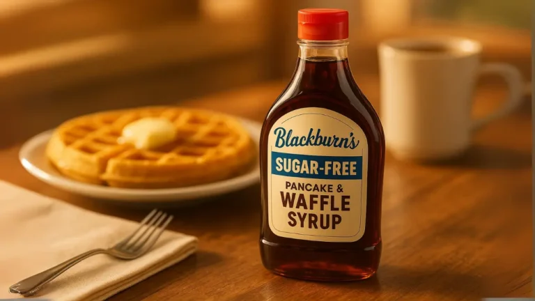 A bottle of Black's sugar-free waffle syrup, perfect for adding sweetness to waffles without added sugar.
