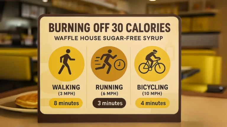 A sign that reads "Burning off 30 calories for waffle house sugar free syrup" emphasizing fitness and calorie management.
