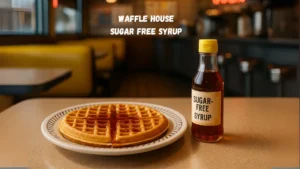 Waffle House sugar free syrup displayed on a table, emphasizing its low-calorie option for topping breakfast dishes.
