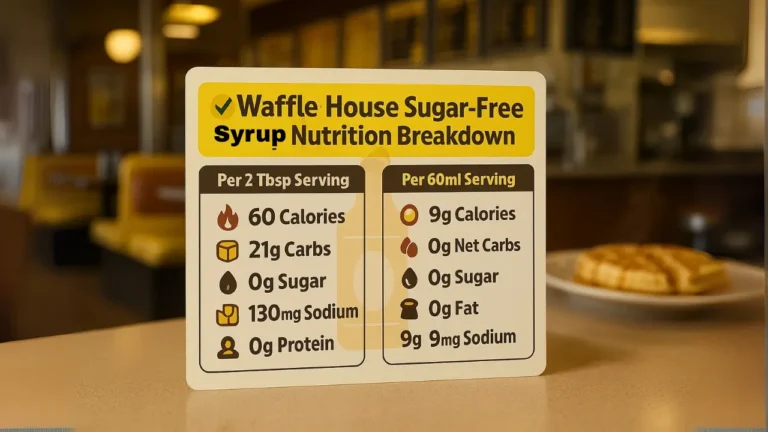 A sign indicating "Waffle House Sugar Free Syrup," emphasizing a low-calorie option for customers.