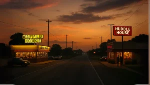A street scene featuring a classic diner on one side waffle house and huddle house on the other, with clear blue skies above.