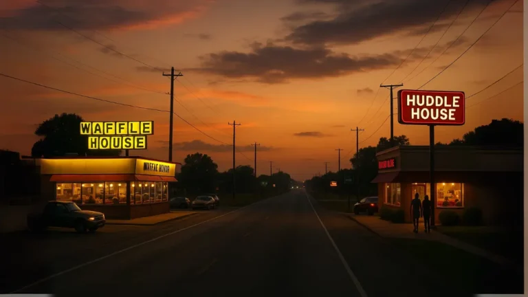 A street scene featuring a classic diner on one side waffle house and huddle house on the other, with clear blue skies above.