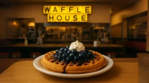 A plate of blue waffle waffle house topped with blueberries and whipped cream sits on a table. The background shows a "Waffle House" sign in a cozy, dimly lit diner.