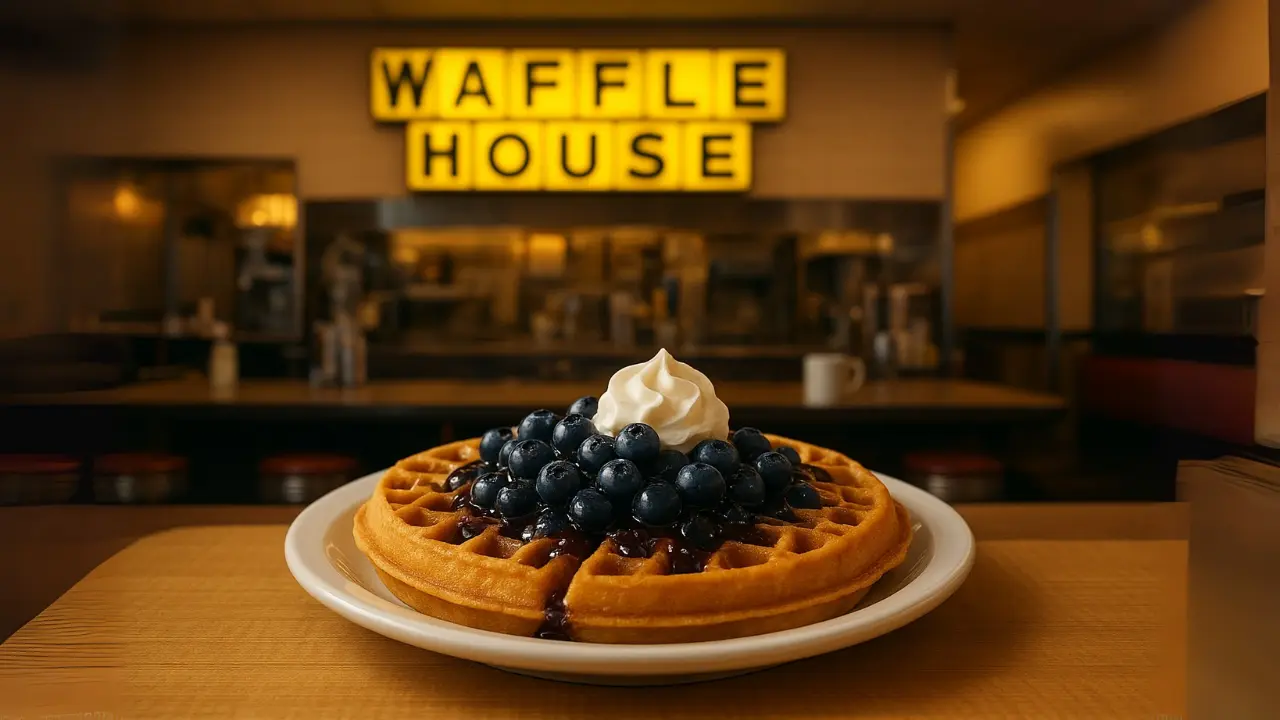 A plate of blue waffle waffle house topped with blueberries and whipped cream sits on a table. The background shows a "Waffle House" sign in a cozy, dimly lit diner.