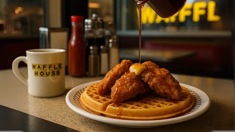A serving of chicken and waffles at Waffle House, highlighting a piece of fried chicken on warm, syrup-covered waffles