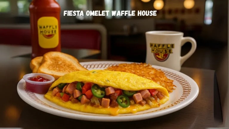 A beautifully arranged plate of Fiesta omelet waffle house food on a table, showcasing a variety of textures and colors.