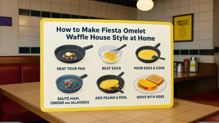 Instructional sign on how to create a fiesta omelet, listing necessary ingredients and preparation steps
