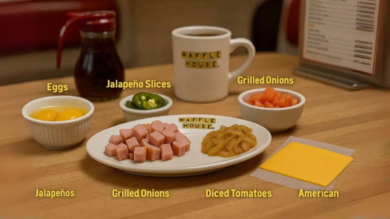 A table displays various ingredients for a breakfast fiesta omelet waffle house, including bread, eggs, cheese, and vegetables.
