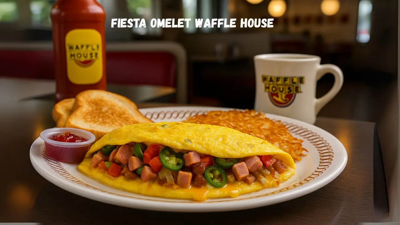 A beautifully arranged plate of Fiesta omelet waffle house food on a table, showcasing a variety of textures and colors.