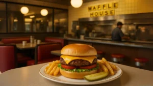 A plate with a waffle house burger or hamburger and fries is displayed in front of a restaurant, showcasing a classic meal setting