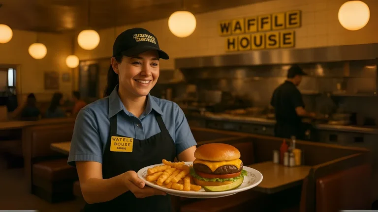A woman proudly displays a plate with a juicy waffle house burger and crispy fries, ready to enjoy her meal