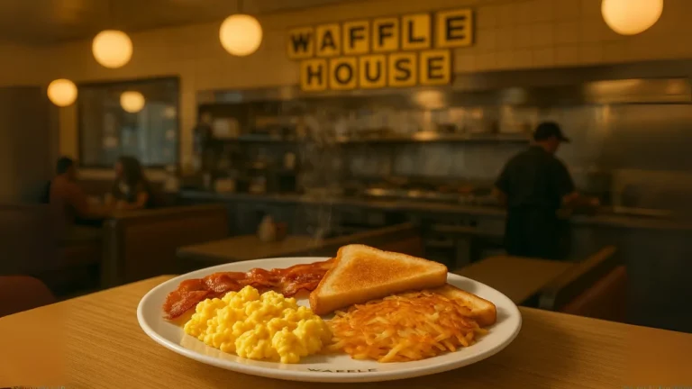 A breakfast plate with golden toast, sunny-side-up eggs, and two sausage links served together from the article of waffle house burger