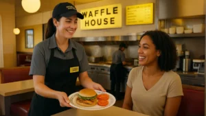 A woman holds a healthy waffle house choices plate of food while a waitress stands nearby, ready to take the order.