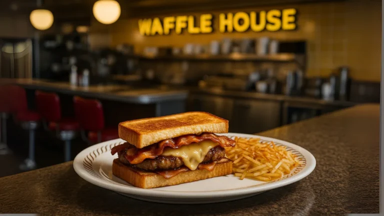 A delicious waffle house sandwich served with golden fries on a white plate from waffle house healthy choices