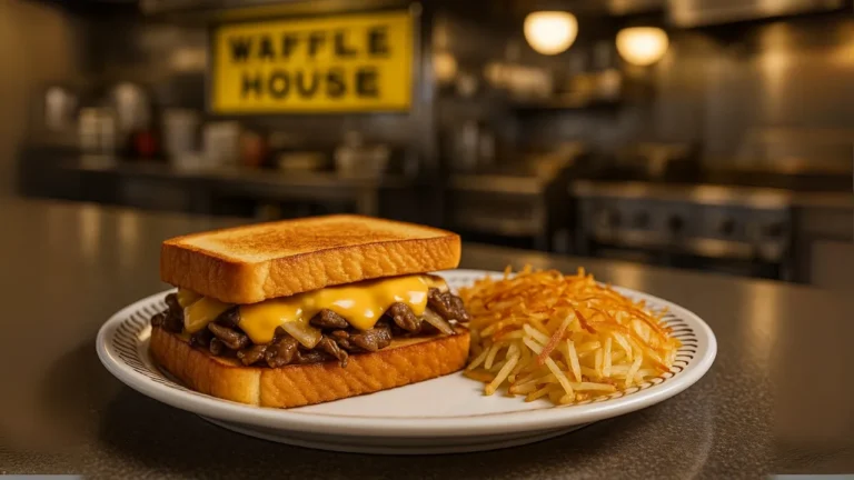 A delicious waffle house sandwich served with golden fries on a white plate from healthy waffle house choices