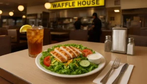Grilled chicken waffle house salad with lettuce, tomato, cucumber, and dressing sits on a table alongside iced tea. "Waffle House" sign and kitchen in background.