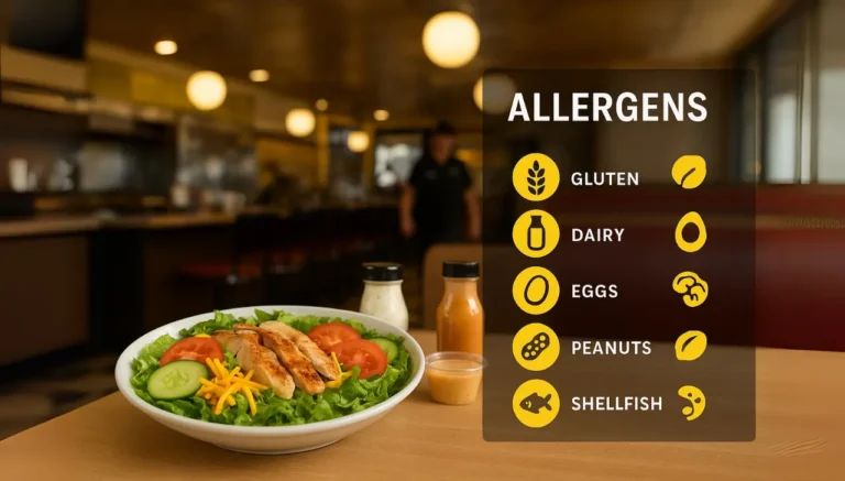 A fresh waffle house salad with grilled chicken, tomatoes, cucumbers, and cheese on a table. Allergens listed: gluten, dairy, eggs, peanuts, and shellfish. Restaurant ambiance.