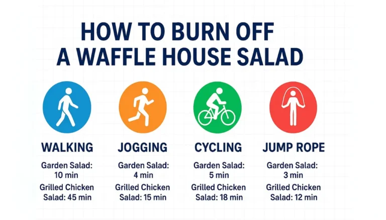 Four icons illustrate exercise time needed to burn off Waffle House salads. Activities: walking, jogging, cycling, jump rope, with times for garden and grilled chicken salads.