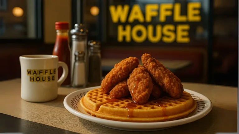 A serving of chicken and waffles at Waffle House, showcasing fried chicken on fluffy waffles drizzled with syrup