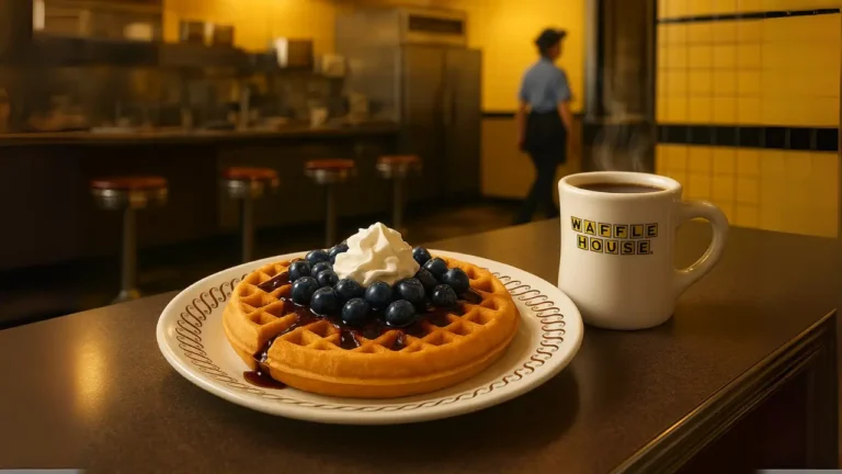A delicious blue waffle adorned with blueberries and whipped cream, set on a rustic table.
