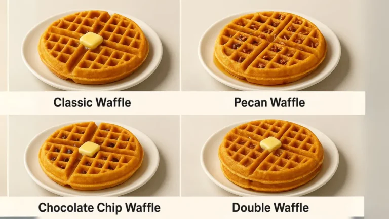 A variety of blue waffle, four waffles, each adorned with different toppings such as berries, nuts, syrup, and cream.